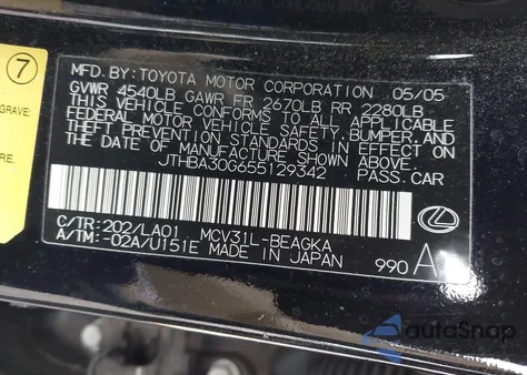 2005 Lexus Es 330 z USA, uszkodzony, nr VIN JTHBA30G655129342